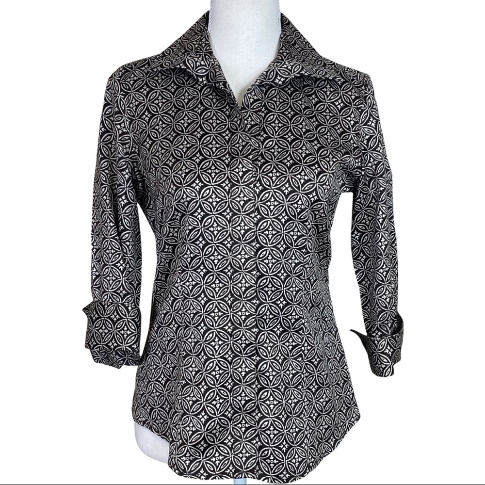 Talbots Dark Brown And Cream Print Button Down Top Size 4P